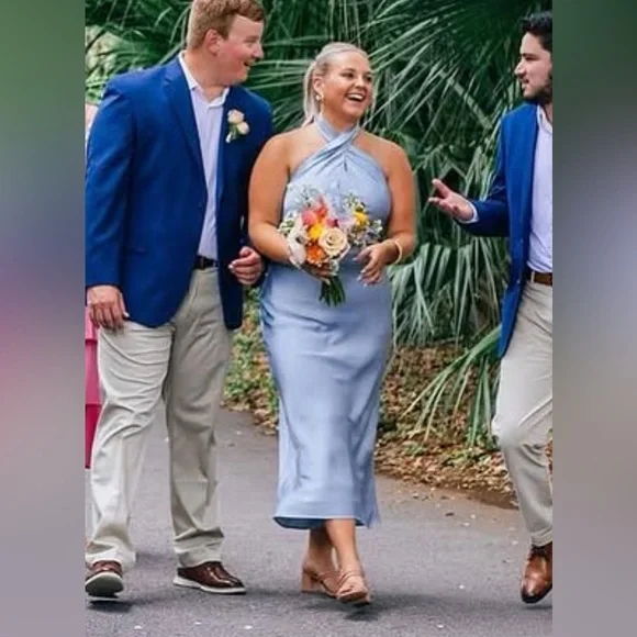 Show Me Your MuMu Light Blue Satin Twist-Halter Midi Dress - Picture 3 of 9